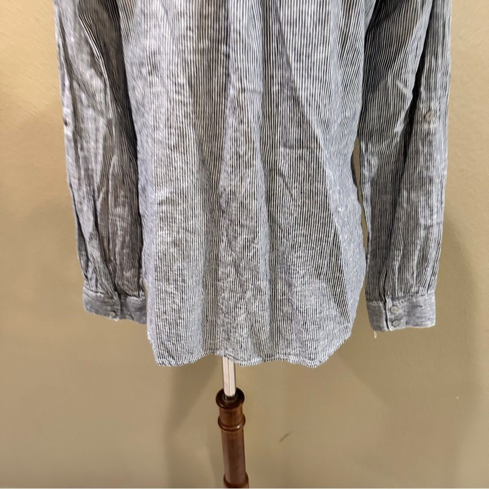 Button-Up Shirt Eileen Fisher Navy Striped Organic Cotton Hemp Mandarin Collar - Picture 13 of 15